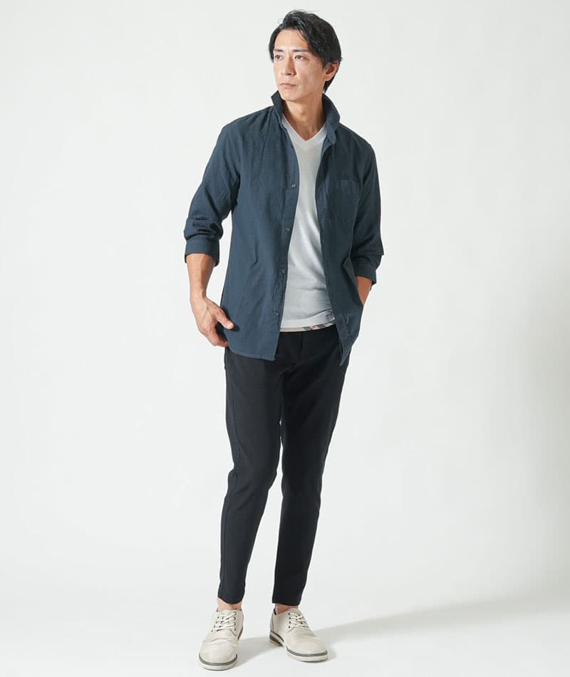 クールマックス素材ドライ加工フェイクレイヤード半袖VネックTシャツ