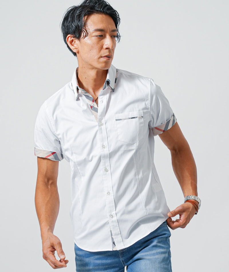 クールマックス素材チェックデザイン半袖2枚襟シャツ