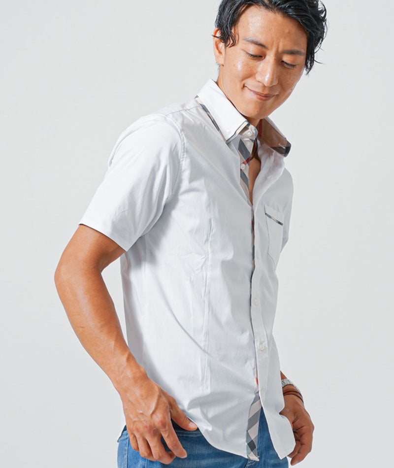 クールマックス素材チェックデザイン半袖2枚襟シャツ