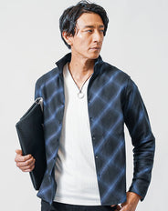 オンブレチェック青色スタンドカラー