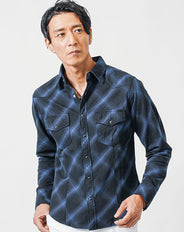 バイアスオンブレチェック長袖ウエスタンシャツ