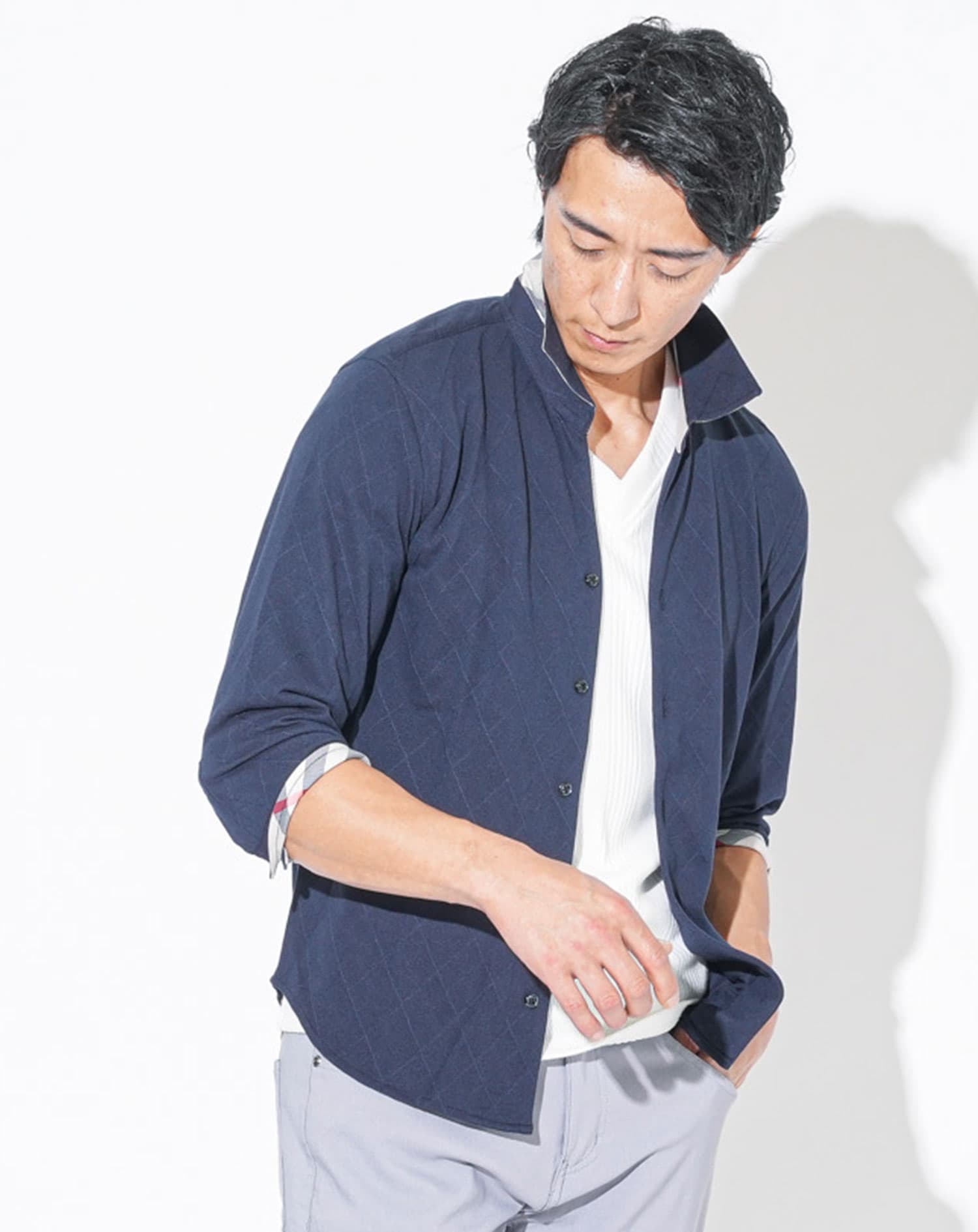 クールマックスチェックデザインドライ加工7分袖シャツ