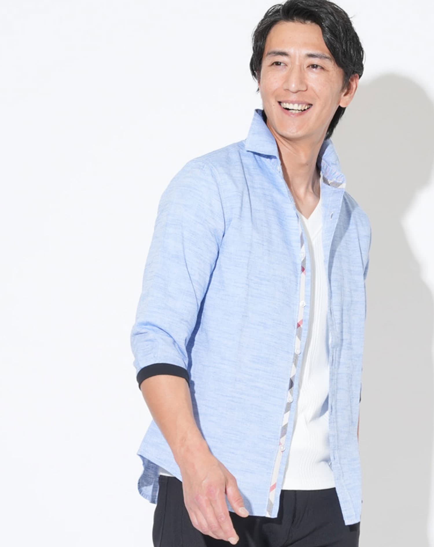 綿麻ホリゾンタルカラー袖リブ7分袖シャツ