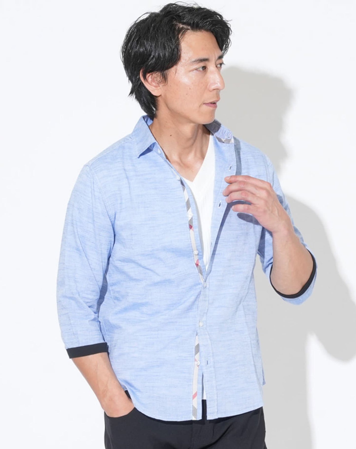 綿麻ホリゾンタルカラー袖リブ7分袖シャツ