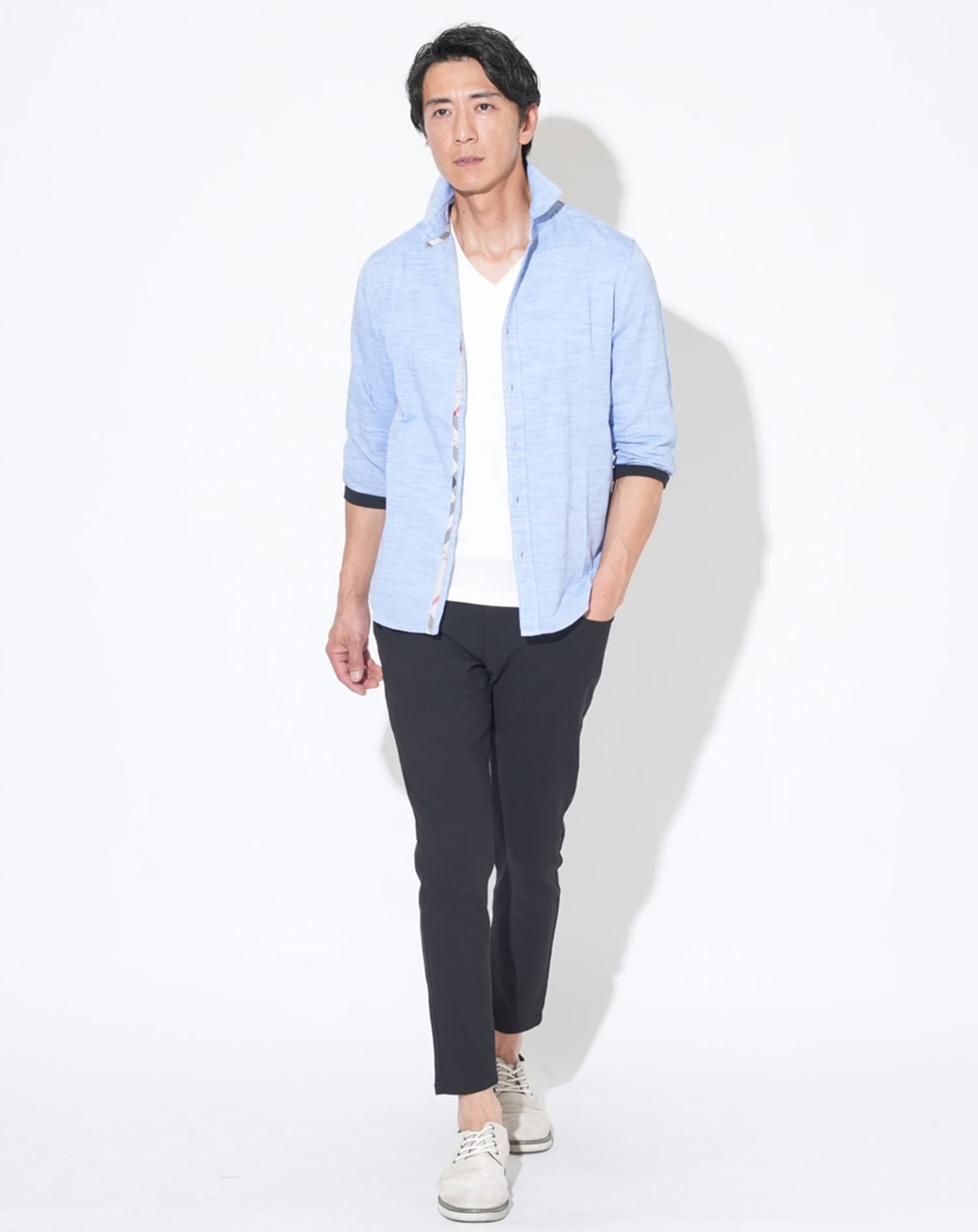 綿麻ホリゾンタルカラー袖リブ7分袖シャツ