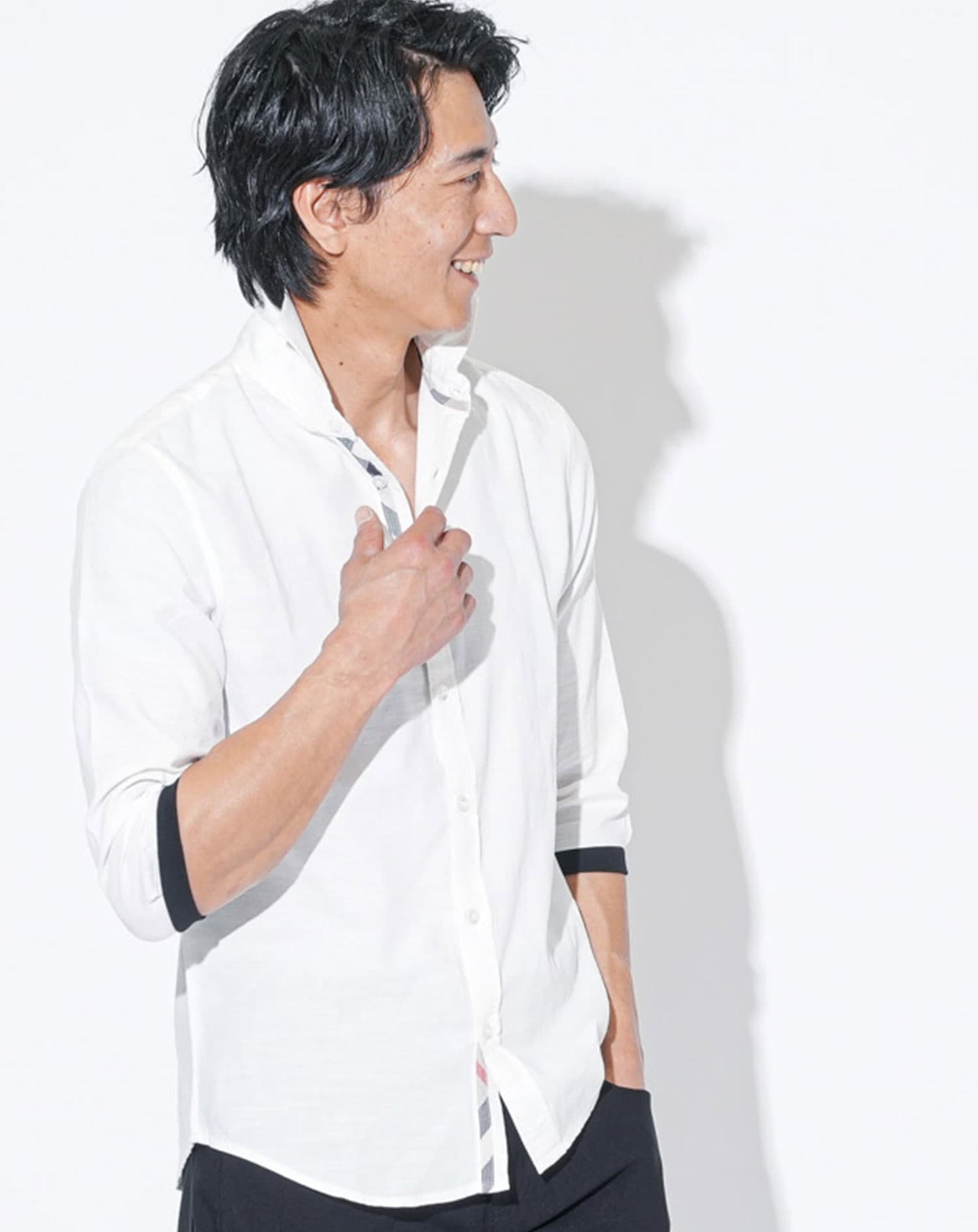 綿麻ホリゾンタルカラー袖リブ7分袖シャツ