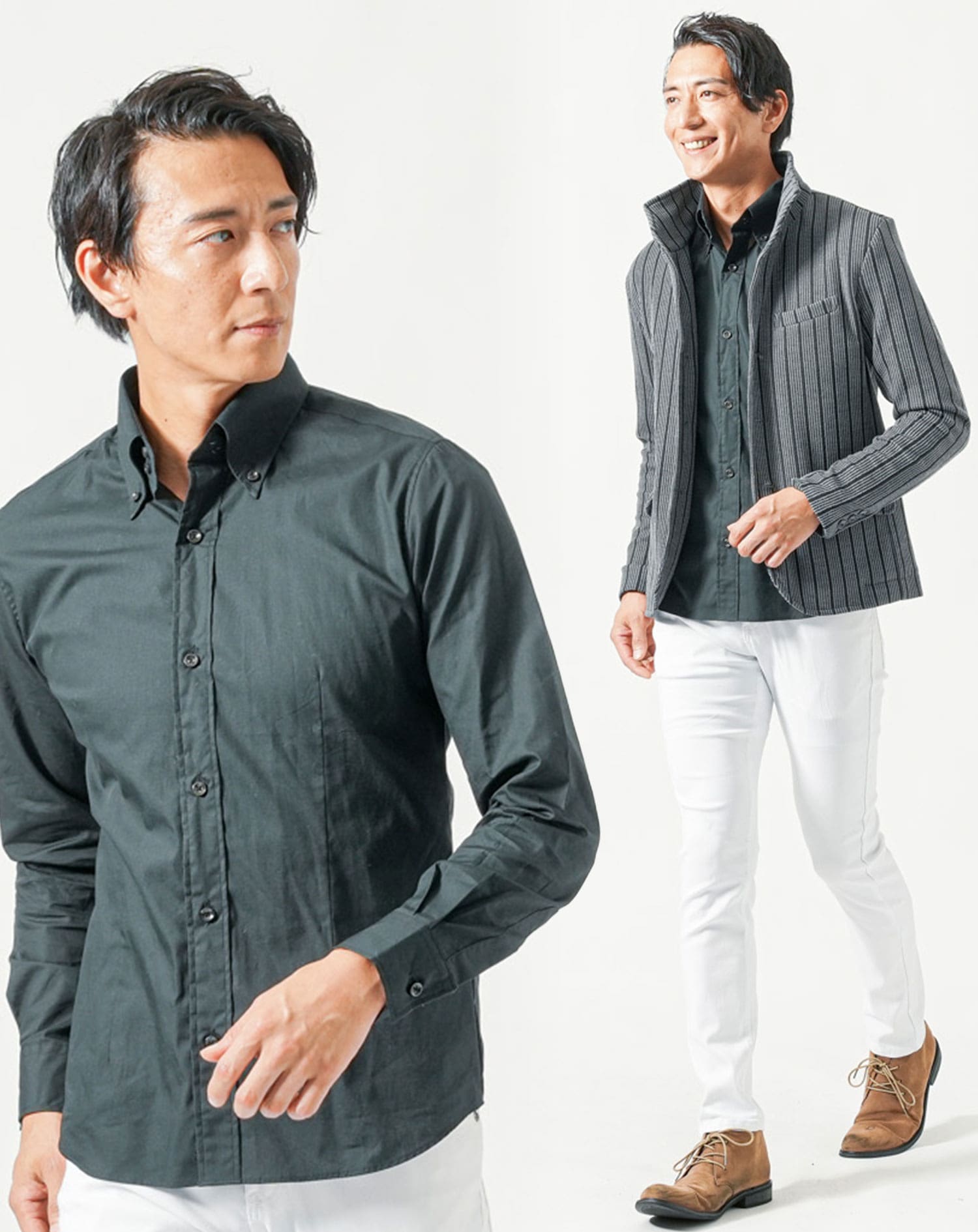 メンズ黒シャツ全身3点コーデセット グレー長袖ジャケット×黒長袖