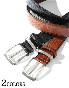 牛革チェック型押しビジネスカジュアルベルト