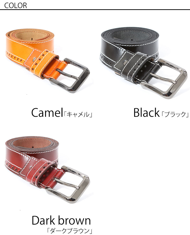 パンチング＆ステッチデザイン本革ベルト