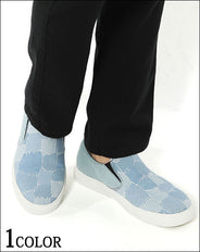 キルトペイントデザインデニムスリッポンシューズ