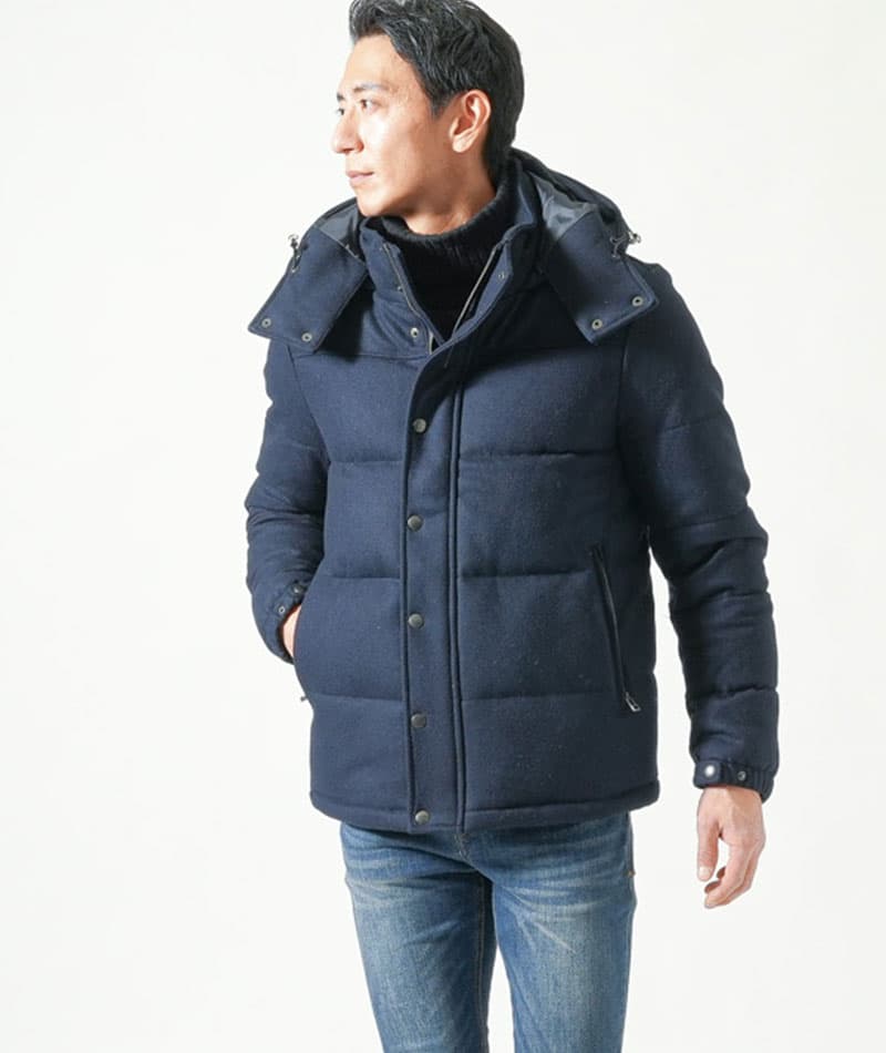 メルトン素材ボリュームネックフードデザインダウンジャケット