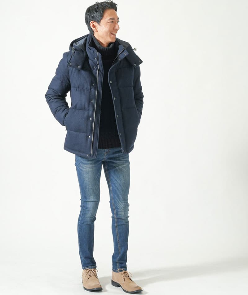 メルトン素材ボリュームネックフードデザインダウンジャケット