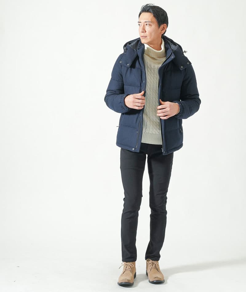 メルトン素材ボリュームネックフードデザインダウンジャケット