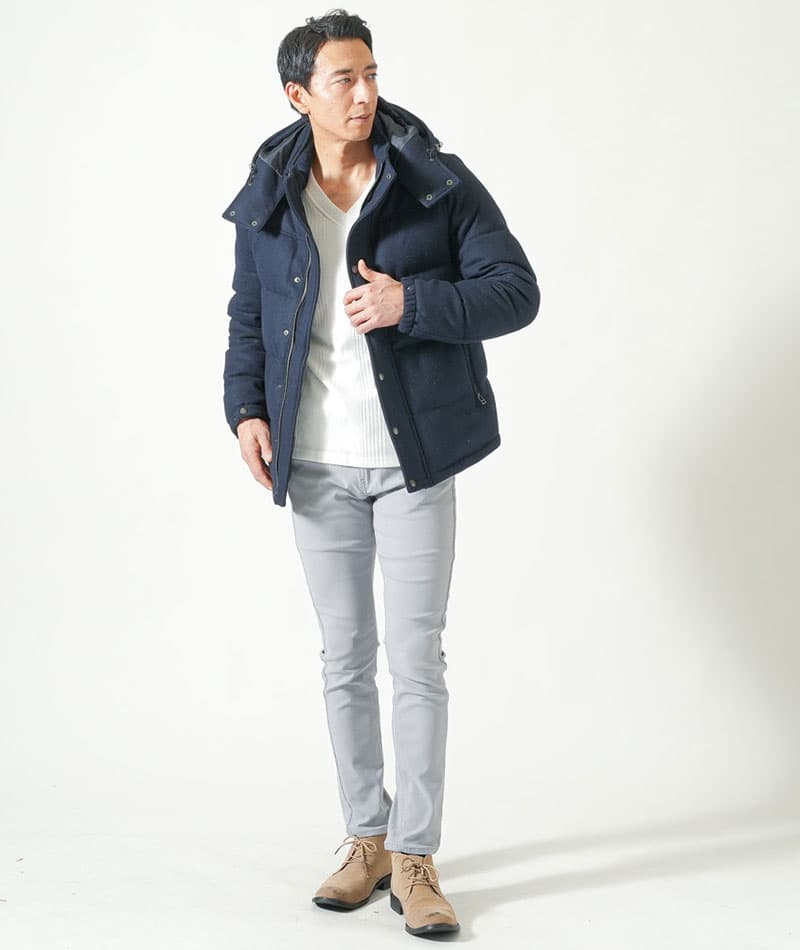 メルトン素材ボリュームネックフードデザインダウンジャケット