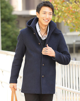 ウールモッサフード脱着ショールカラーコート