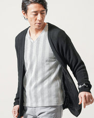 刺繍入りテンセルニット長袖ボタンレスセミロングカーディガン