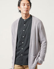 刺繍入りテンセルニット長袖ボタンレスセミロングカーディガン