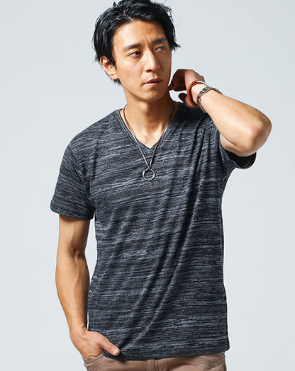 ジャガードボーダーデザインVネックTシャツ