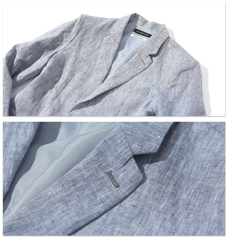 ブルーリネンテーラードジャケット×ネイビーシャツ型半袖ポロシャツ 60代メンズ2点トップスコーデセット biz