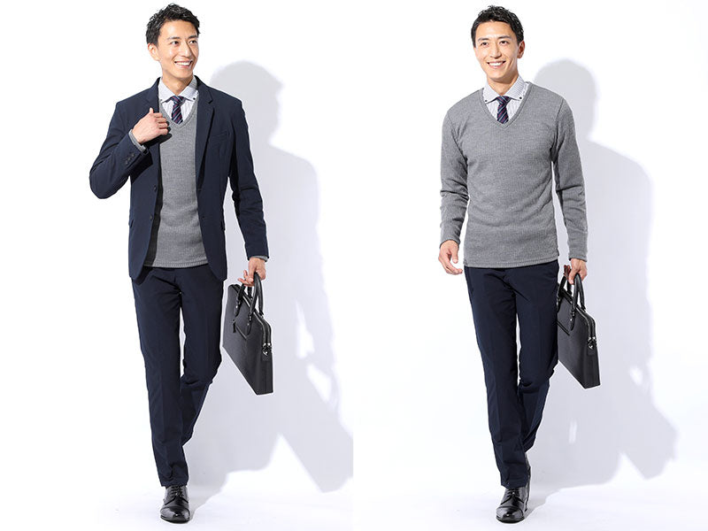 日本製 ウール混深Vネックリブ編みスリムニットソー Designed by Bizfront in TOKYO