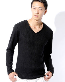 日本製 ウール混深Vネックリブスリムニットソー
