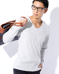 ウール混深Vネックリブスリムニットソー 日本製