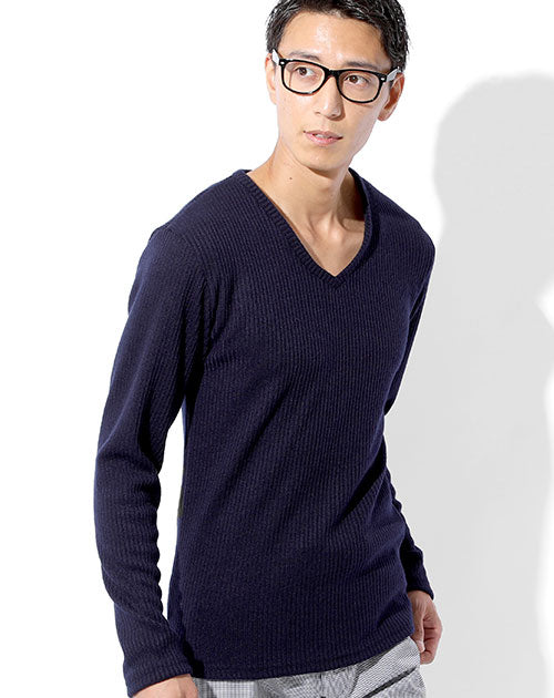メンズにおすすめの日本製 ウール混深Vネックリブ編みスリムニットソー Designed by Bizfront in TOKYO