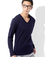 日本製 ウール混深Vネックリブ編みスリムニットソー Designed by Bizfront in TOKYO