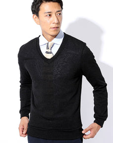 ウォッシャブル杢柄深Vネックスリムニットソー 日本製