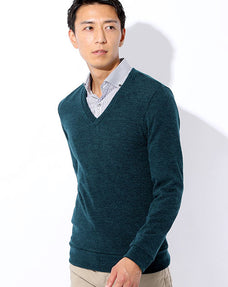 ウォッシャブル杢柄深Vネックスリムニットソー 日本製