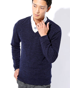 ウォッシャブル杢柄深Vネックスリムニットソー 日本製