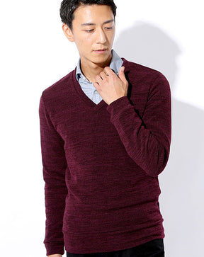 ウォッシャブル杢柄深Vネックスリムニットソー 日本製