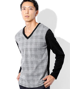 グレンチェック柄切り替えVネックニットソー 日本製