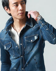 ダメージ加工長袖ストレッチウェスタンデニムシャツ