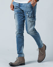 色落ち加工スリムテーパードストレッチデニムカーゴパンツ