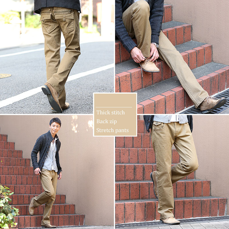 太ステッチバックジップストレッチパンツ