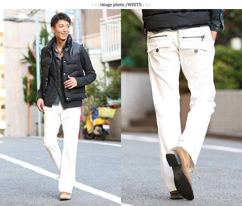 太ステッチバックジップストレッチパンツ