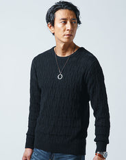 ジャガード編み長袖クルーネックコットン100ニット