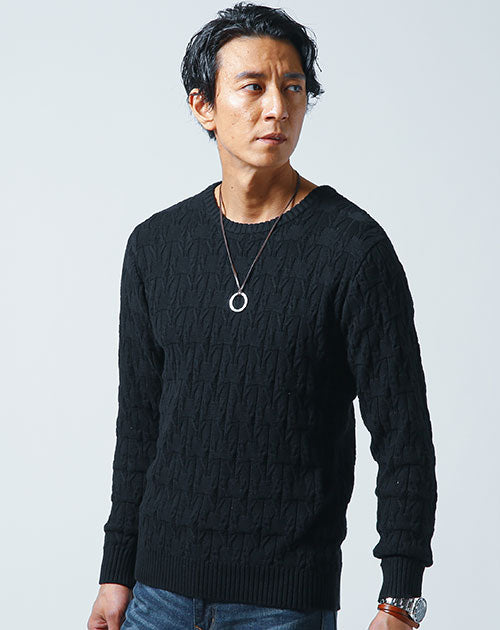 ジャガード編み長袖クルーネックコットン100ニット