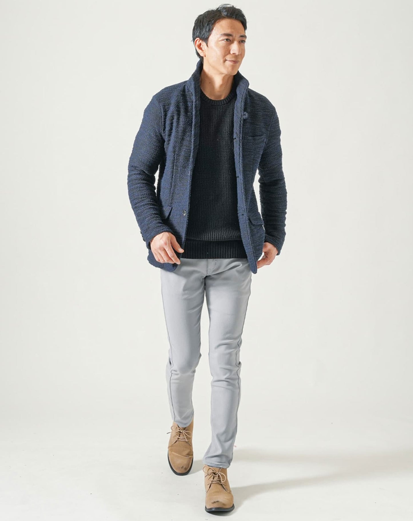 綿100%ラーベン編み長袖クルーネックニット