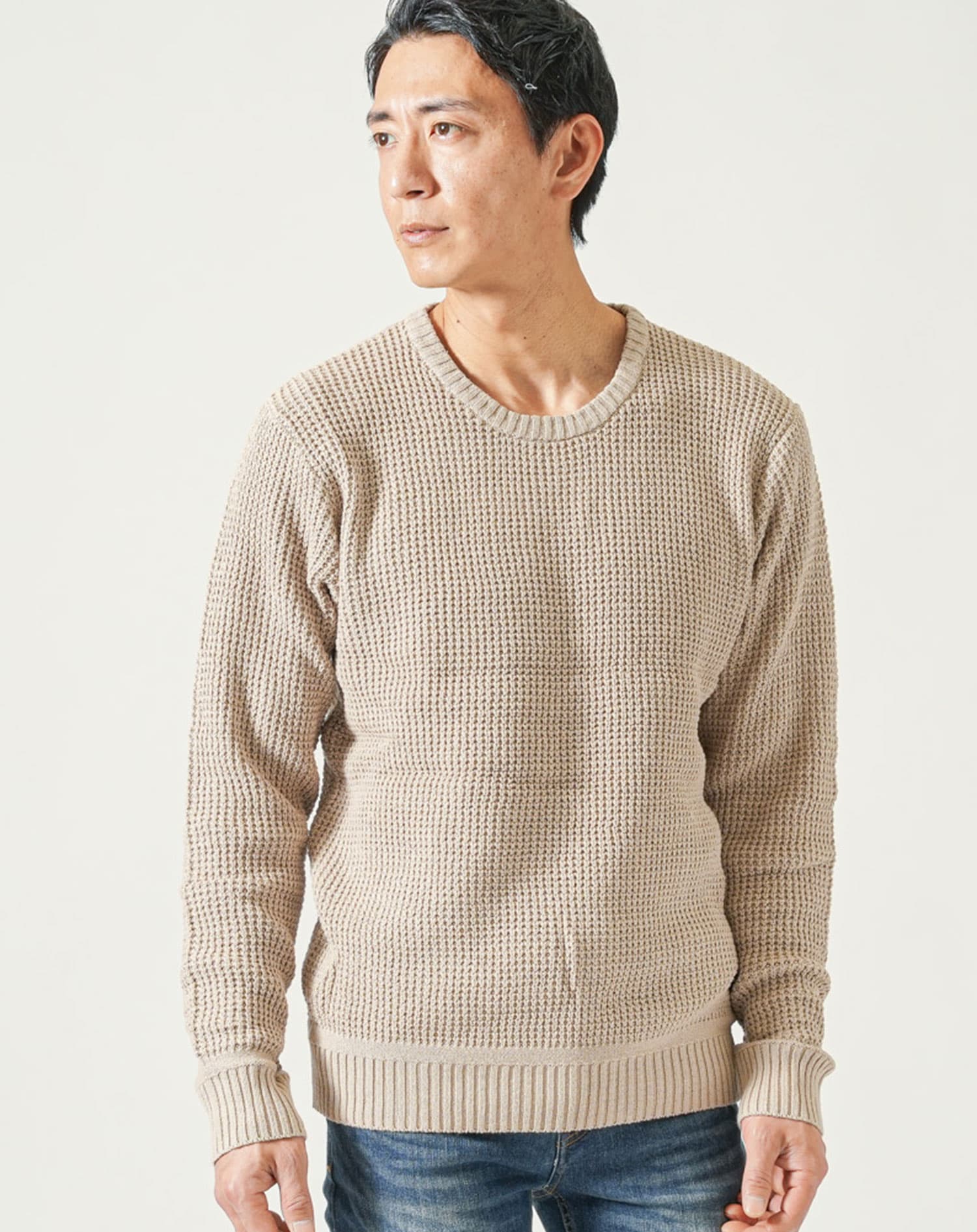 綿100%ラーベン編み長袖クルーネックニット