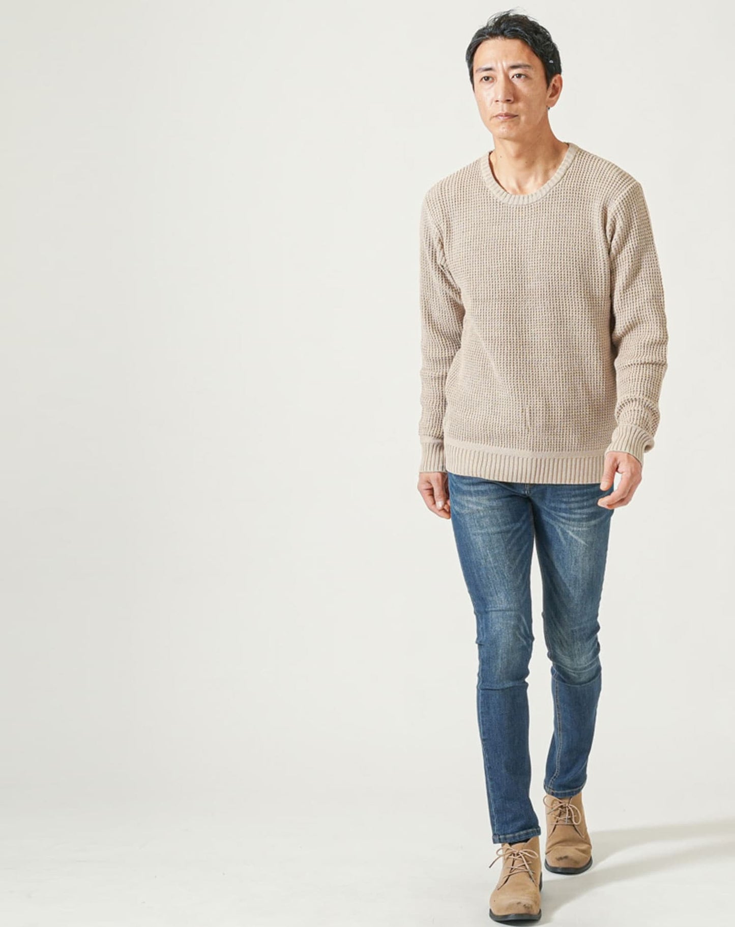 綿100%ラーベン編み長袖クルーネックニット