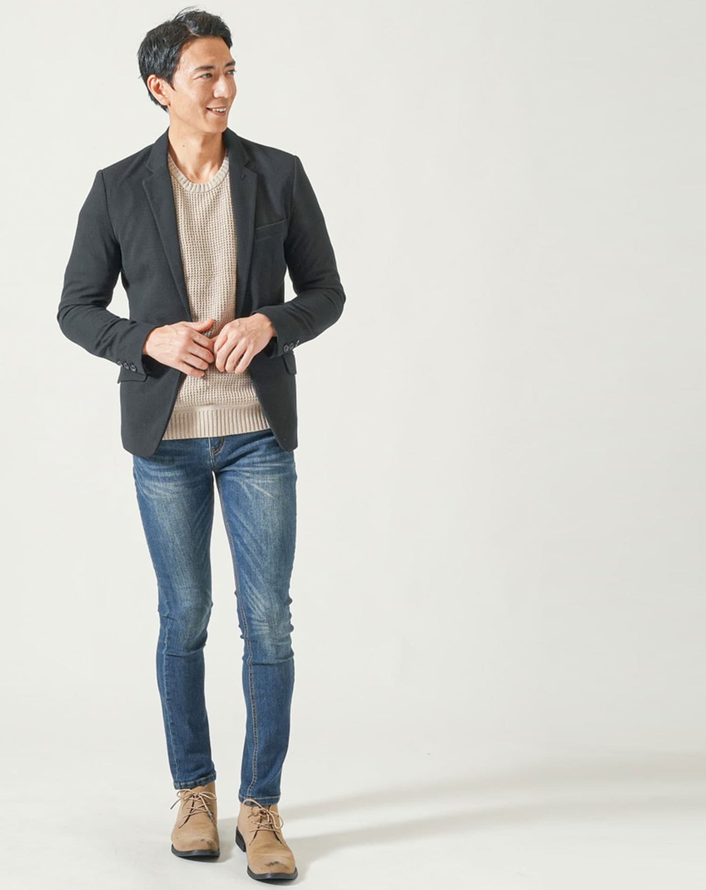 綿100%ラーベン編み長袖クルーネックニット