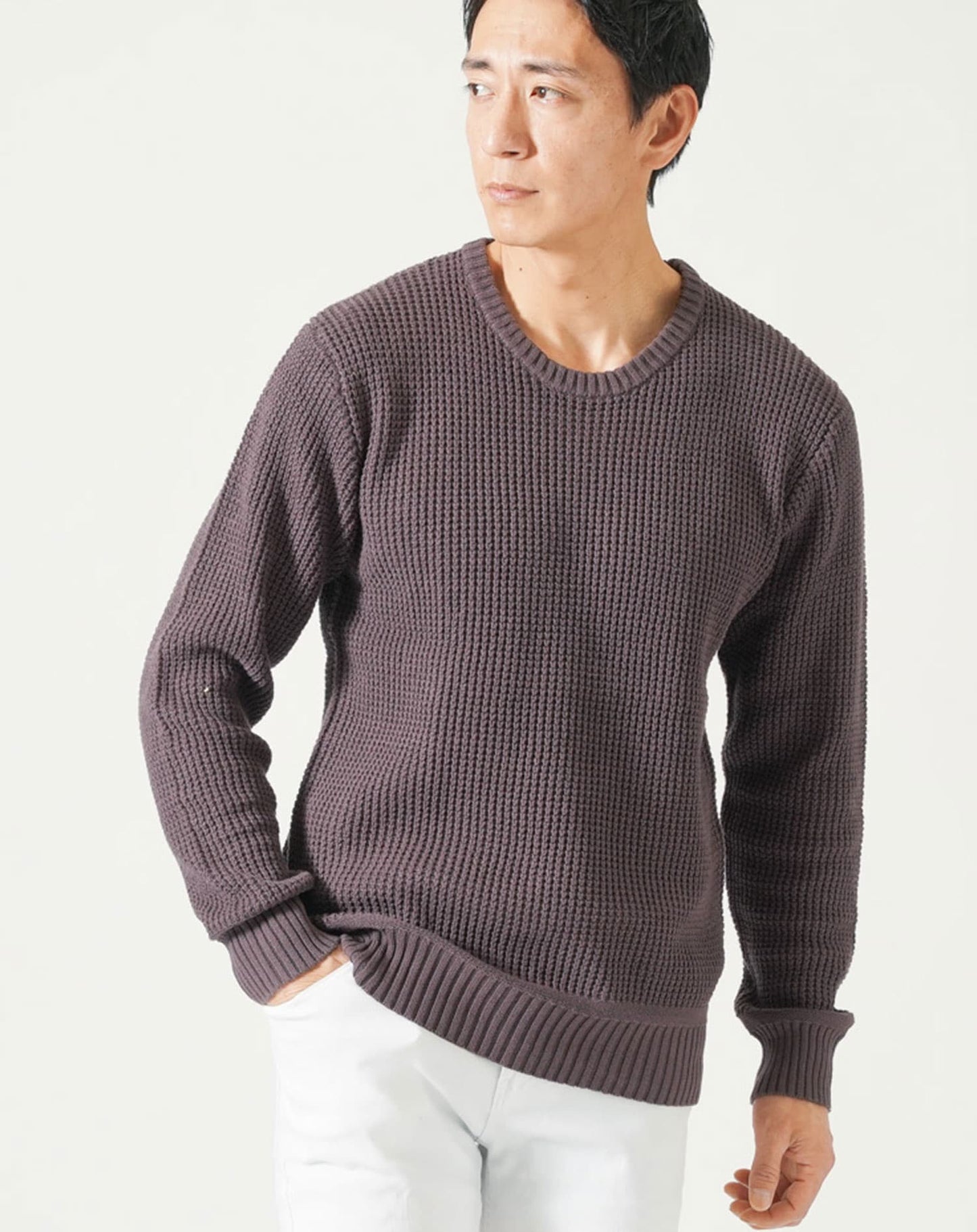 綿100%ラーベン編み長袖クルーネックニット