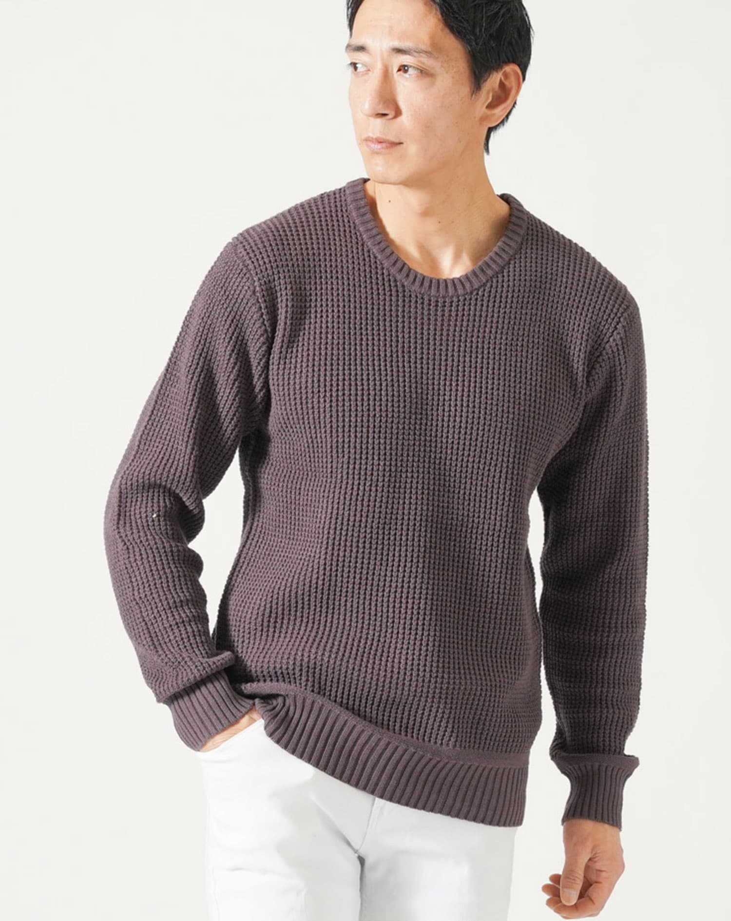 綿100%ラーベン編み長袖クルーネックニット