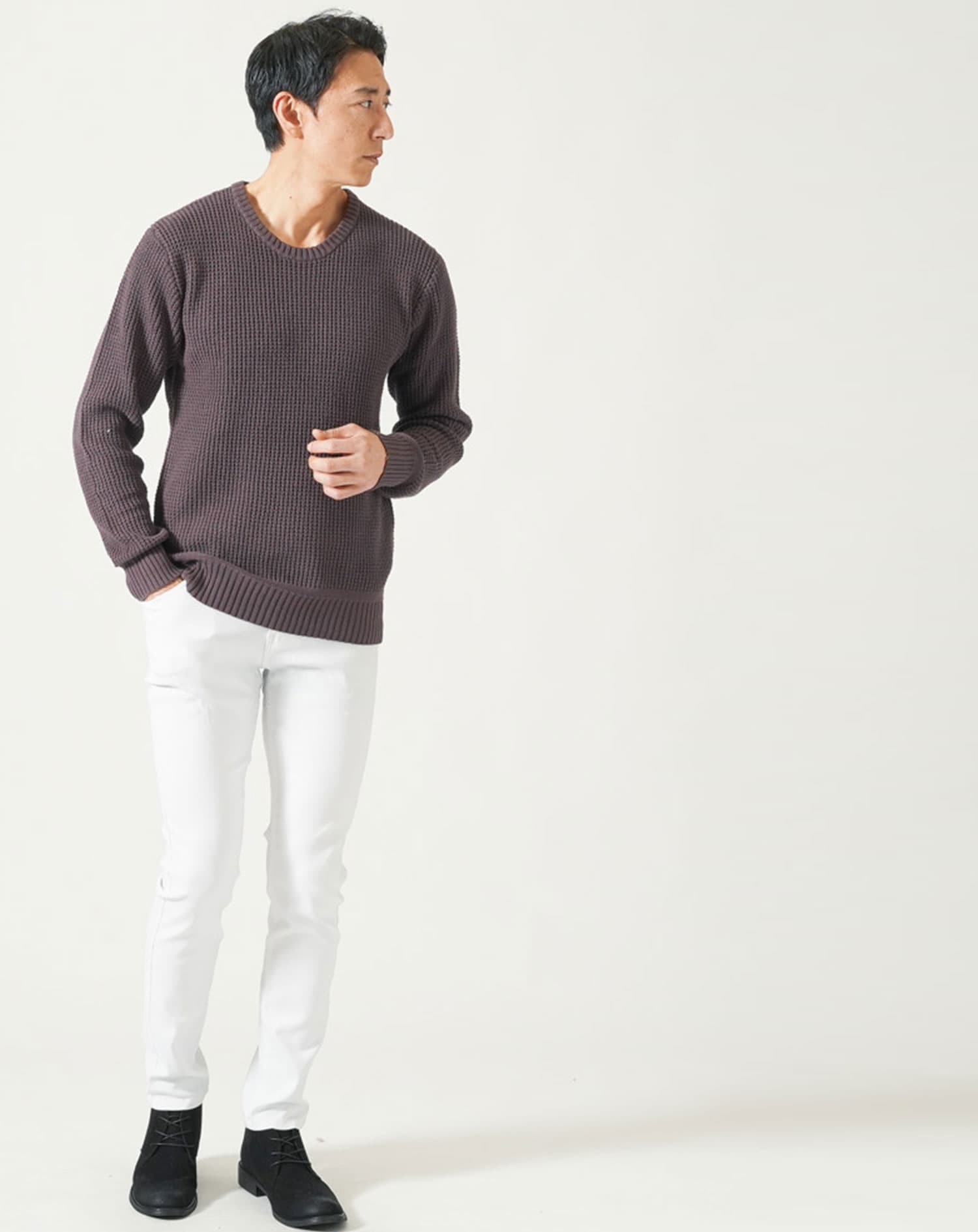 綿100%ラーベン編み長袖クルーネックニット