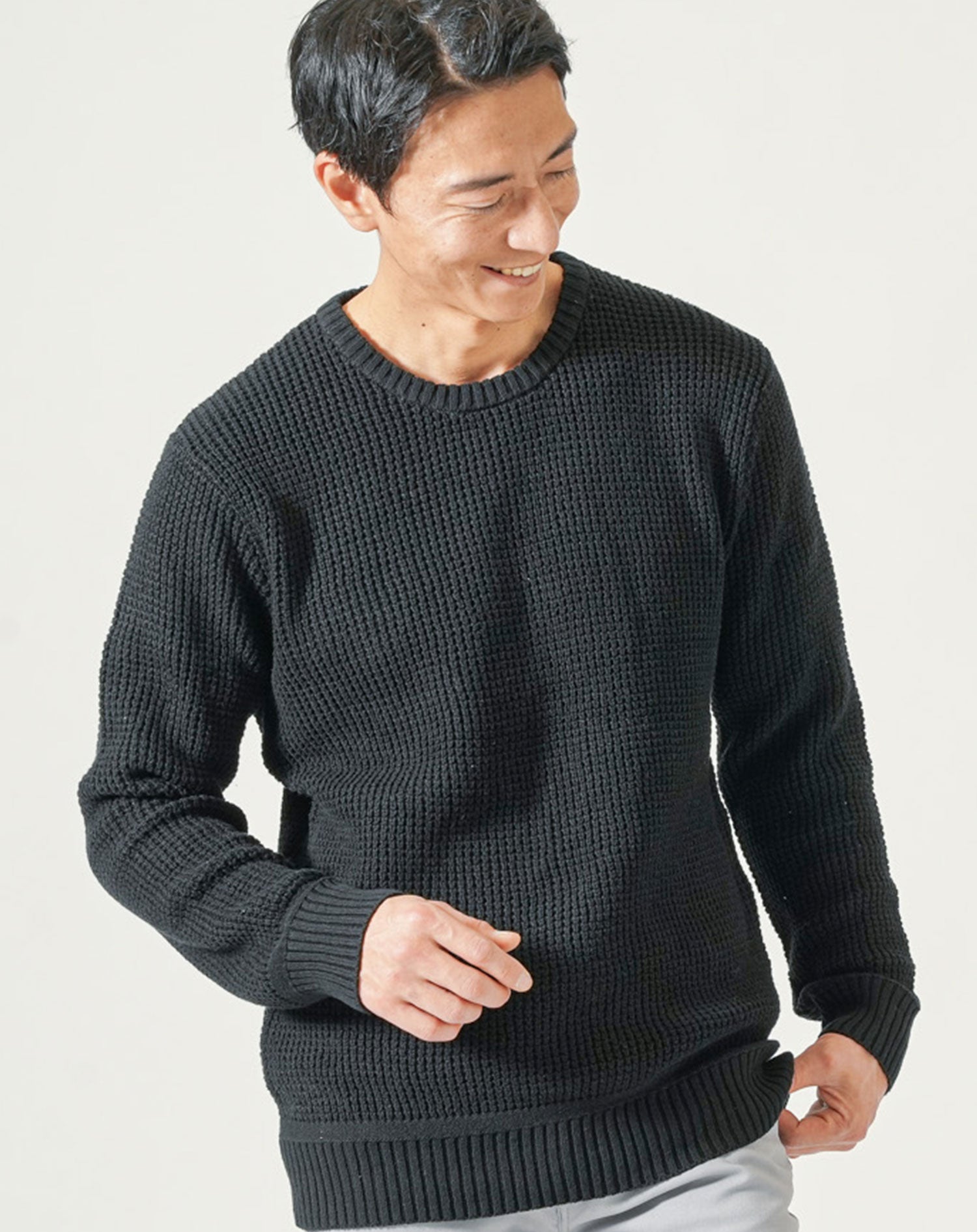 綿100%ラーベン編み長袖クルーネックニット