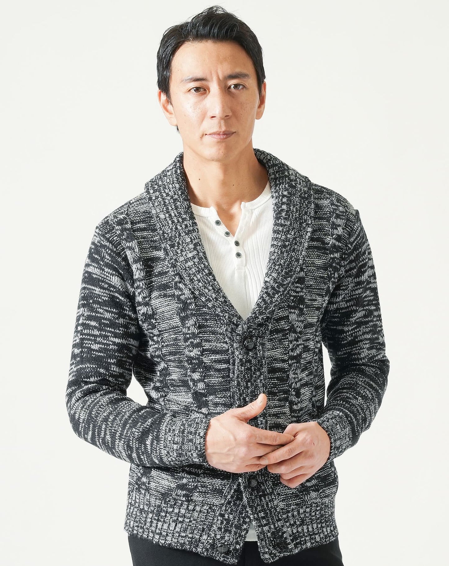 ショールカラー杢デザインニットカーディガン