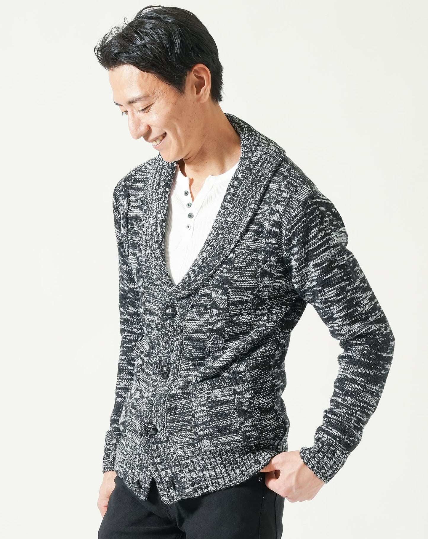 ショールカラー杢デザインニットカーディガン