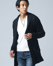 ケーブル編みショールカラーロングカーディガン